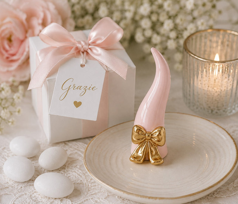 cupidoco cupidoco cornetto rosa con fiocco oro h 120 mm con scatola ideale bomboniera ean 8058196016284