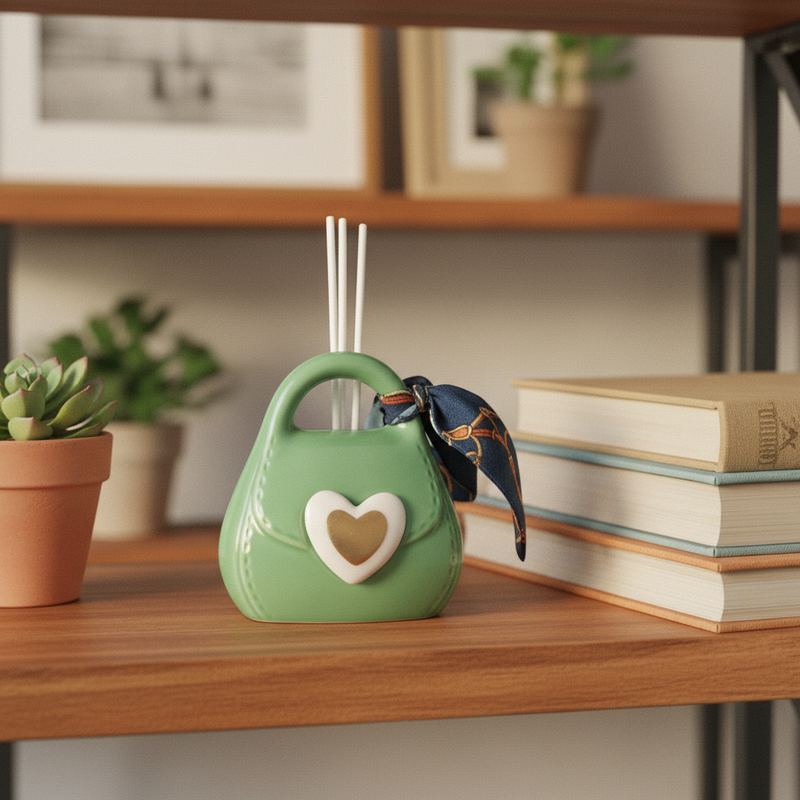 Profuma casa e ufficio con la borsetta diffusore Etm in porcellana H. 10 cm. 3 modelli: rosa, verde, giallo. Vendita singola, disponibilità limitata