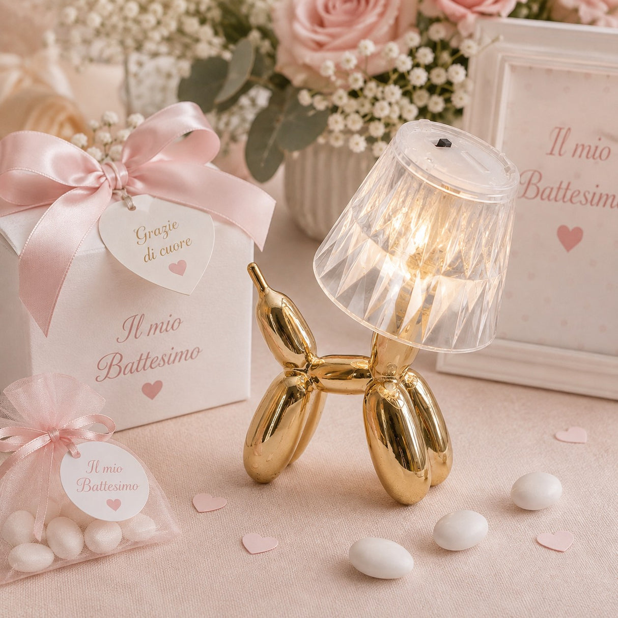 larcolaio larcolaio lumetto cagnolino rosa gold con cupola trasparente 92x105x7 cm lampada led da tavolo design