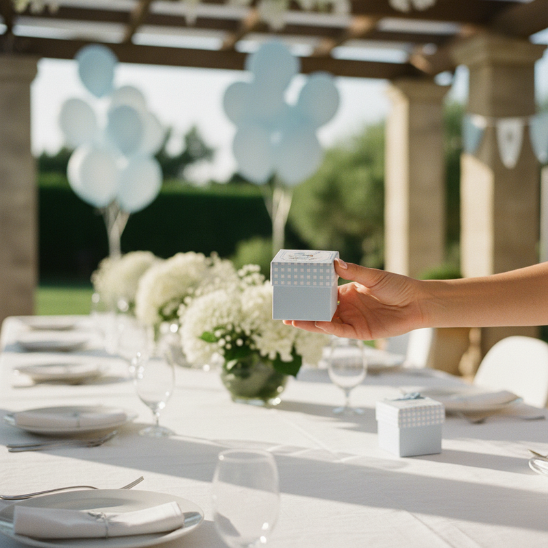 Scatolina Scotton elefantino azzurro cartoncino 5×5×5cm a CONF 10 PZ. Bomboniera battesimo maschio, baby shower e nascita. ean 8007402366224O