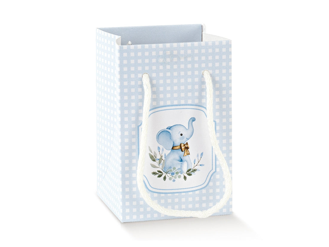 Shop box Scotton elefantino azzurro cartoncino 9×9×14cm CONF 10 PZ. Bomboniera alta battesimo maschio e baby shower. ean 8007402365289