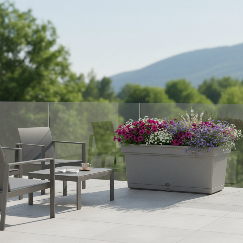 Fioriera rettangolare in resina UV, -30°÷+60°C. TeraPlast Aqua 98 Grigio Nebbia, 98×47×43,5 cm, riciclabile. ean-8051560027626