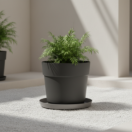 Sottovaso rotondo plastica riciclata 100%, Ø33 cm, Fog Grey Grigio Chiaro. TeraPlast Orma Saucer 33, −30°/+60°C, compensa CO₂ ean-8051560268401
