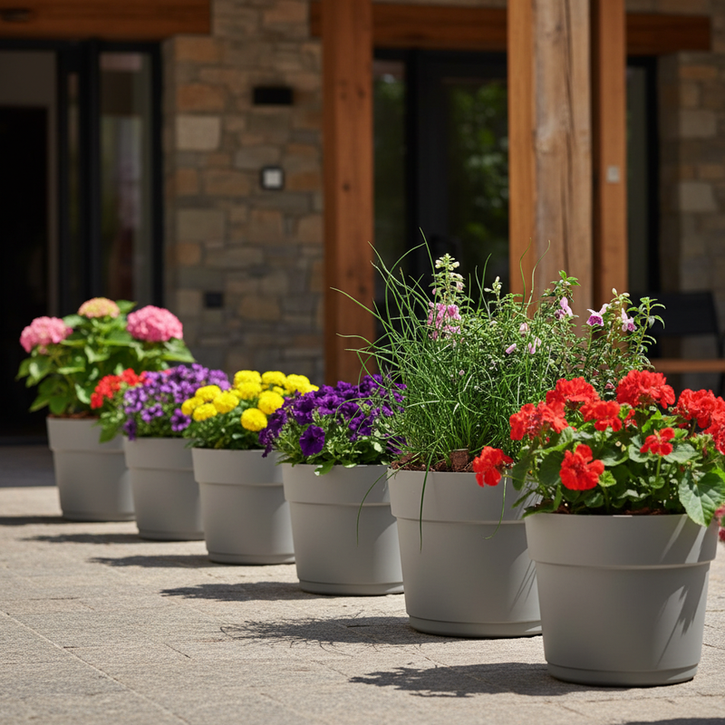 Scena 4 – Eco-hotel, fila di vasi Bloom all'ingresso con fiorite