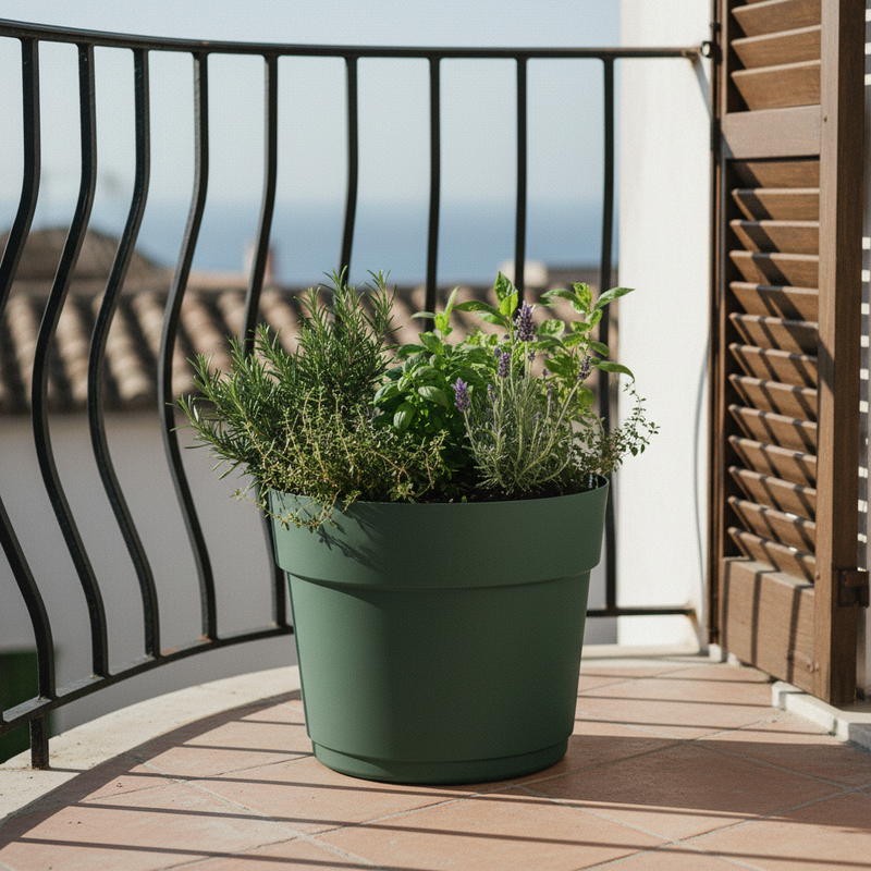 Vaso rotondo in plastica riciclata CO2-neutro per interno ed esterno. TeraPlast Bloom 38 Forest Verde, Ø 38 cm, –30°/+60°C, 100% riciclabile.-ean-8051560268128