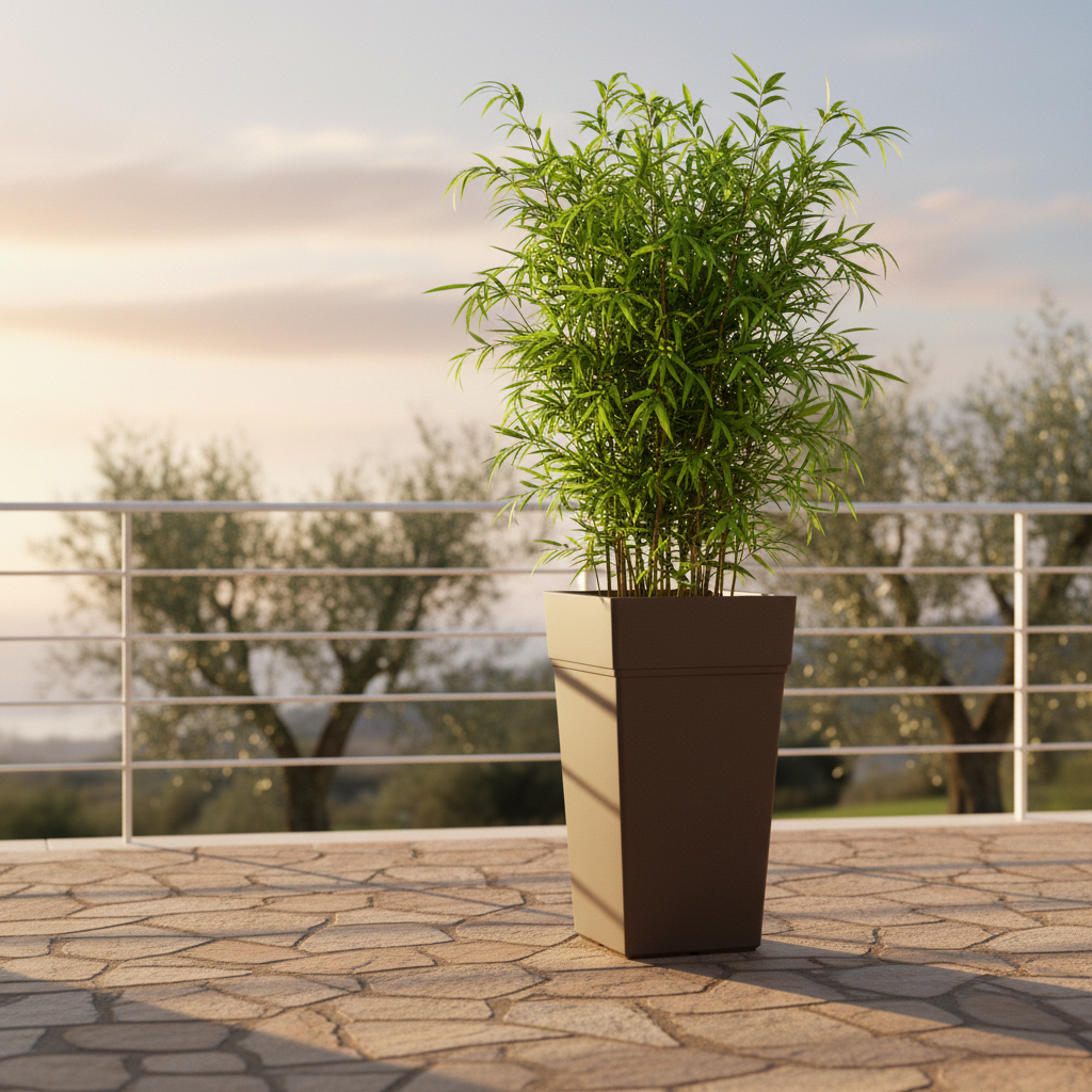 Scena 1 – Terrazza mediterranea, colonna Bruno con bambù