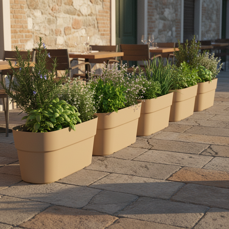 Fioriera rettangolare da esterno in plastica riciclata 100%, 78×38×H35 cm, colore Sand. Tortora. TeraPlast Sirio 78, −30°/+60°C. ean 8051560258877