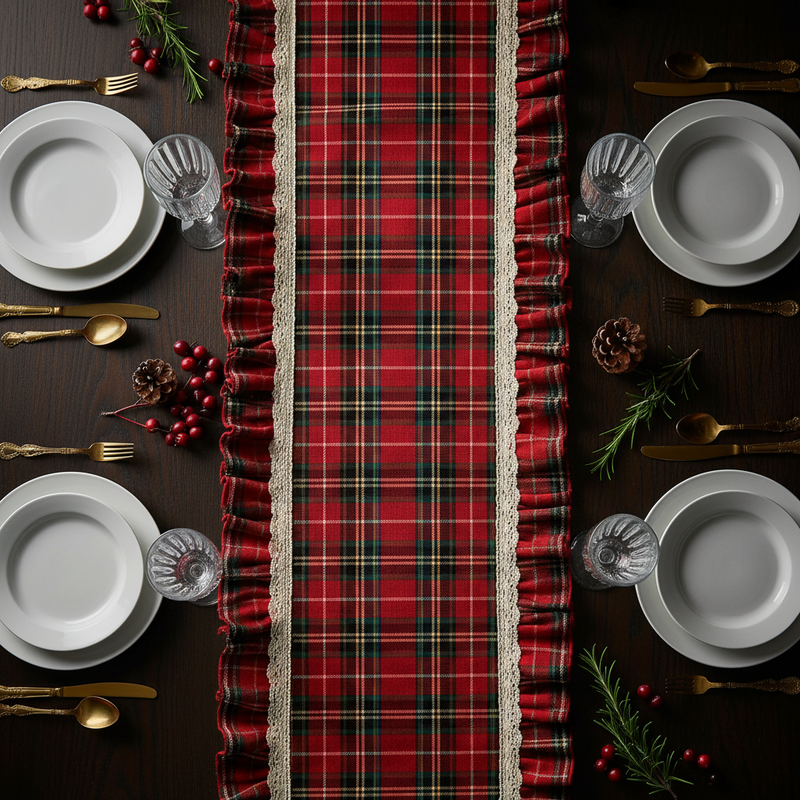 Vista overhead runner natalizio tartan con pizzo