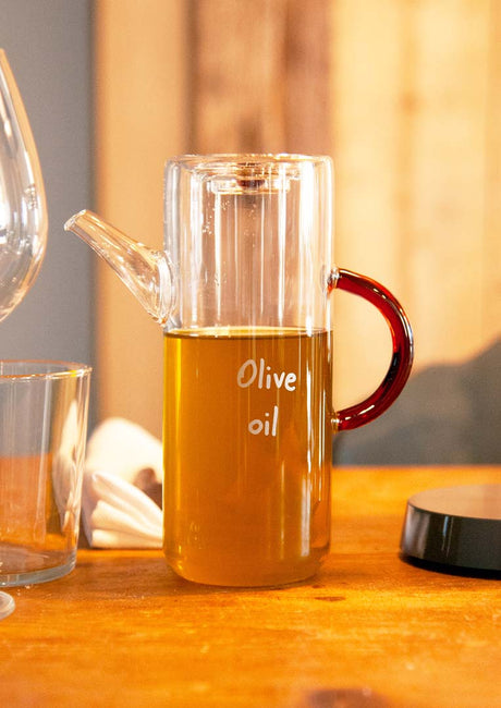 WD LifeStyle Oil Bottle in Transparent Borosilicate Glass with Brown Handle and Olive Oil Writing – Table Oil Bottle