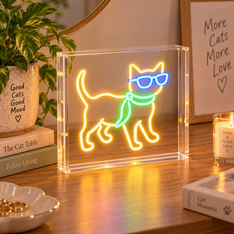WD LifeStyle Neon Sign Cat 23x23 cm in Plexiglass – Decorative LED Lamp